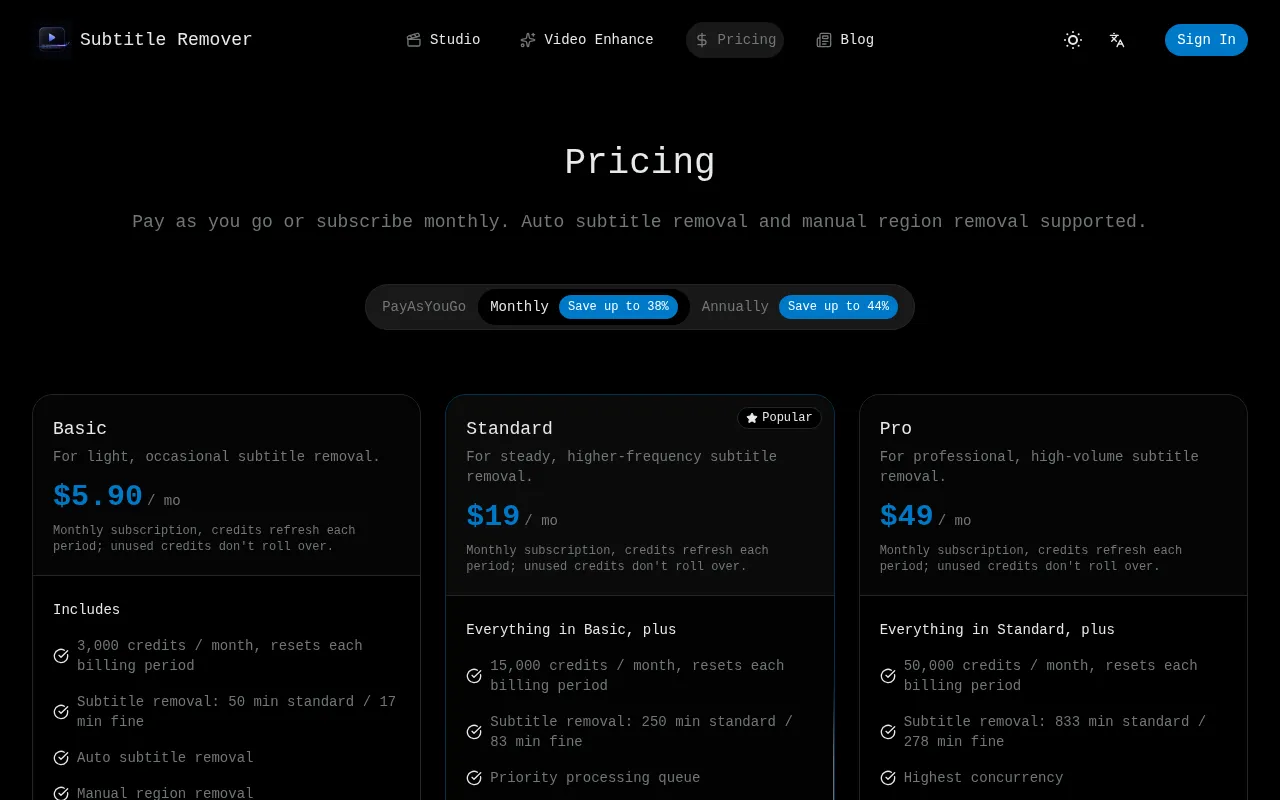 Subtitle Remover — pricing page