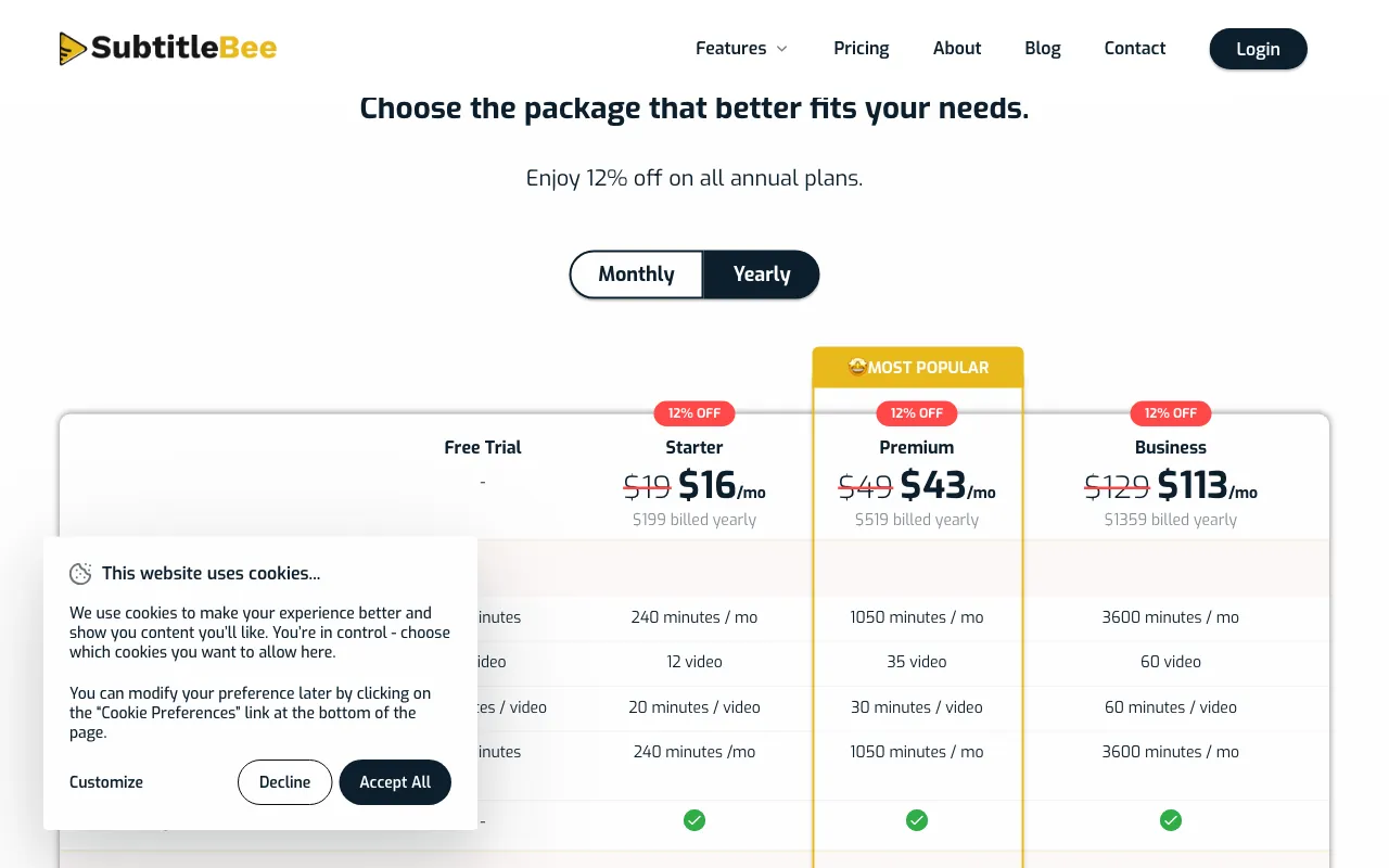 SubtitleBee — pricing page