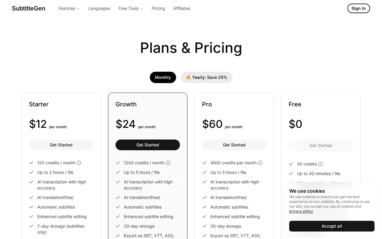 SubtitleGen — pricing page