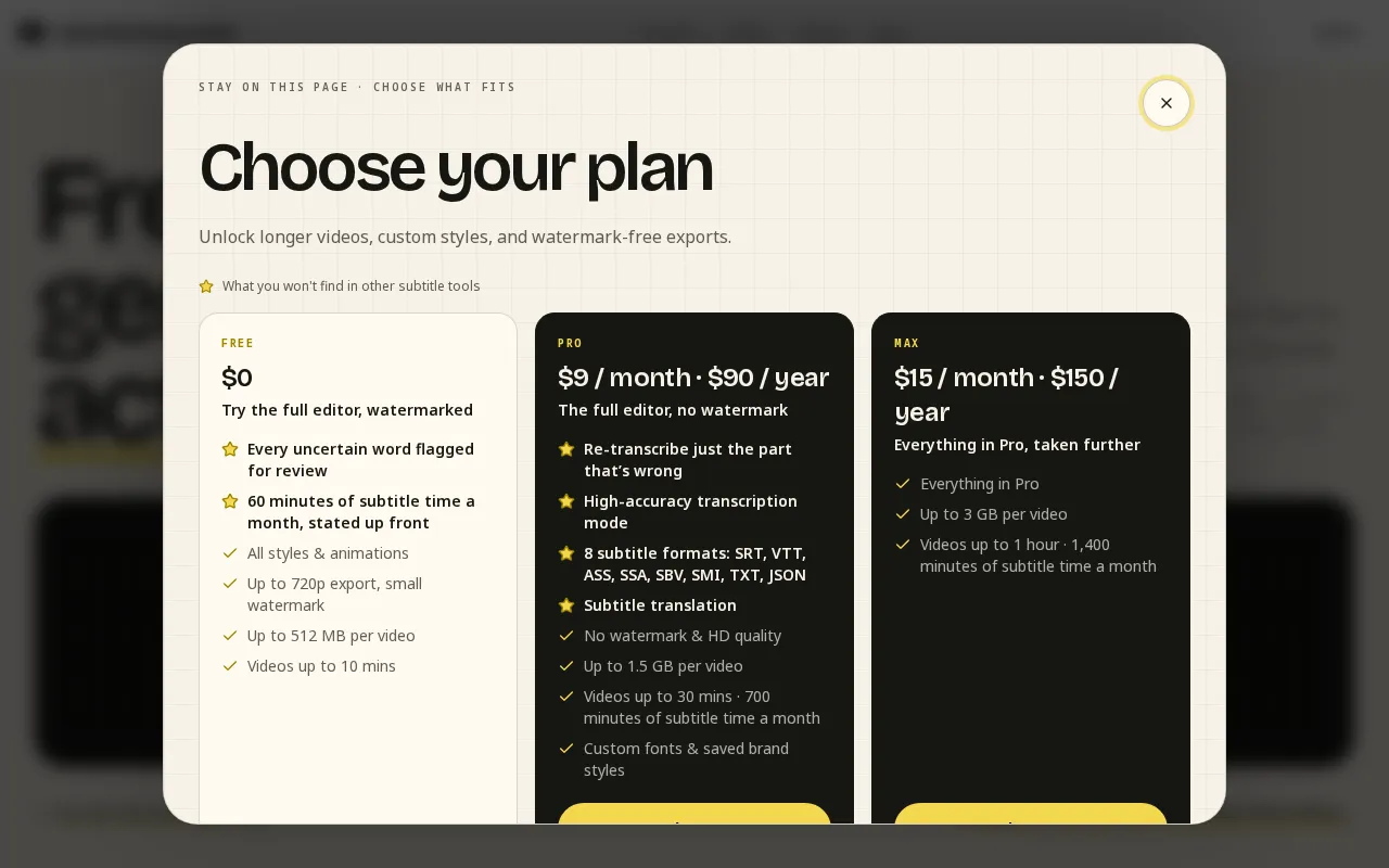 SubtitleGenerator — pricing page