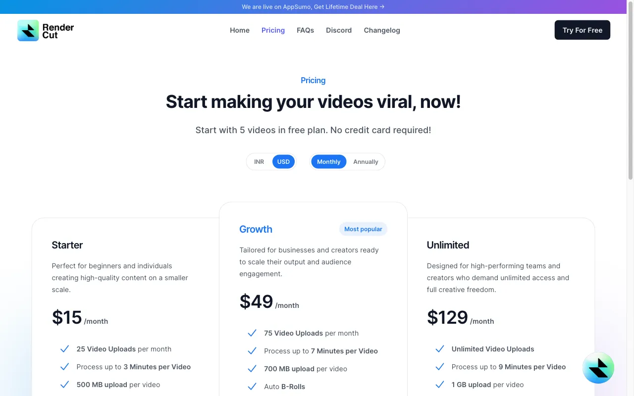 RenderCut — pricing page