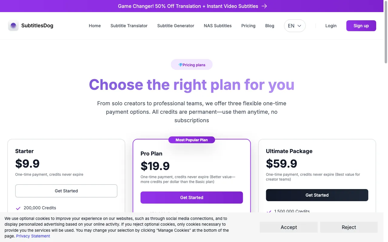 SubtitlesDog — pricing page