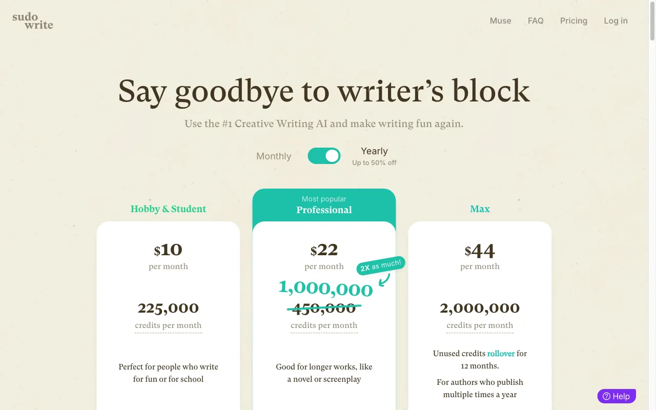 Sudowrite — pricing page