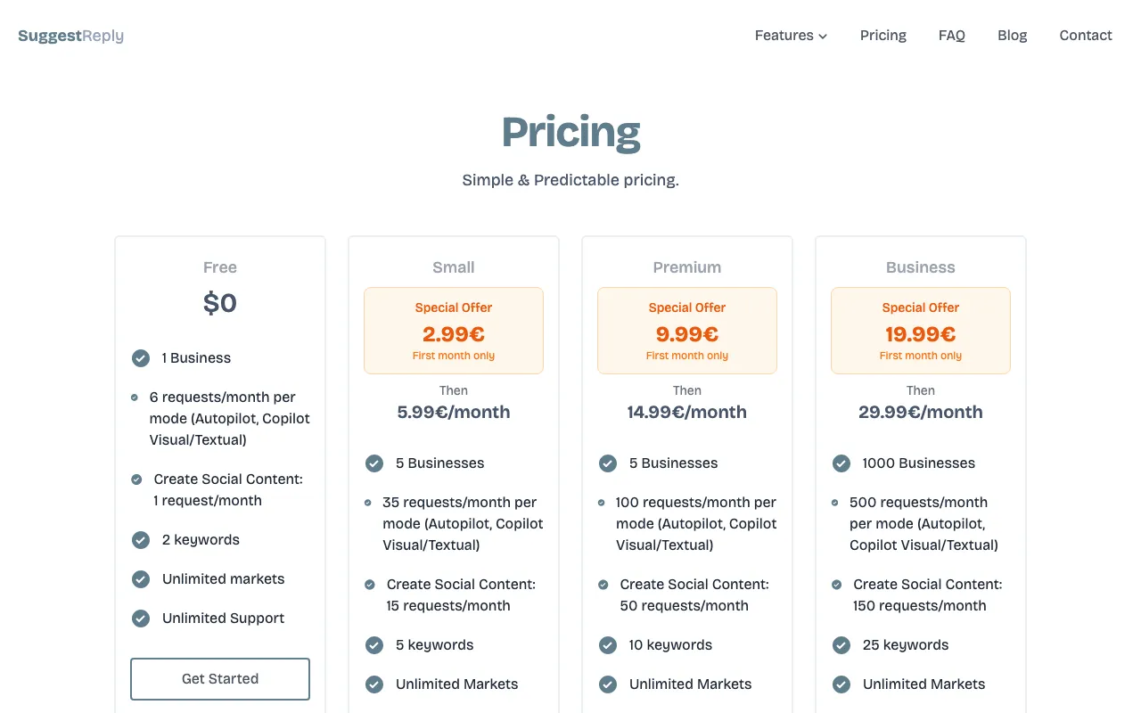 SuggestReply — pricing page