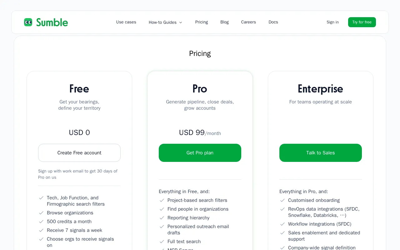 Sumble — pricing page