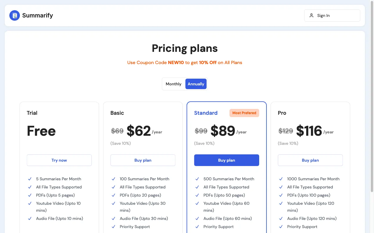 Summarify — pricing page