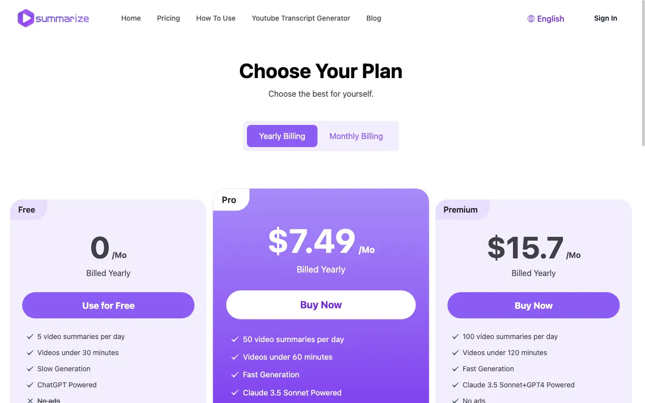 Summarize-Youtube Video Summarizer — pricing page