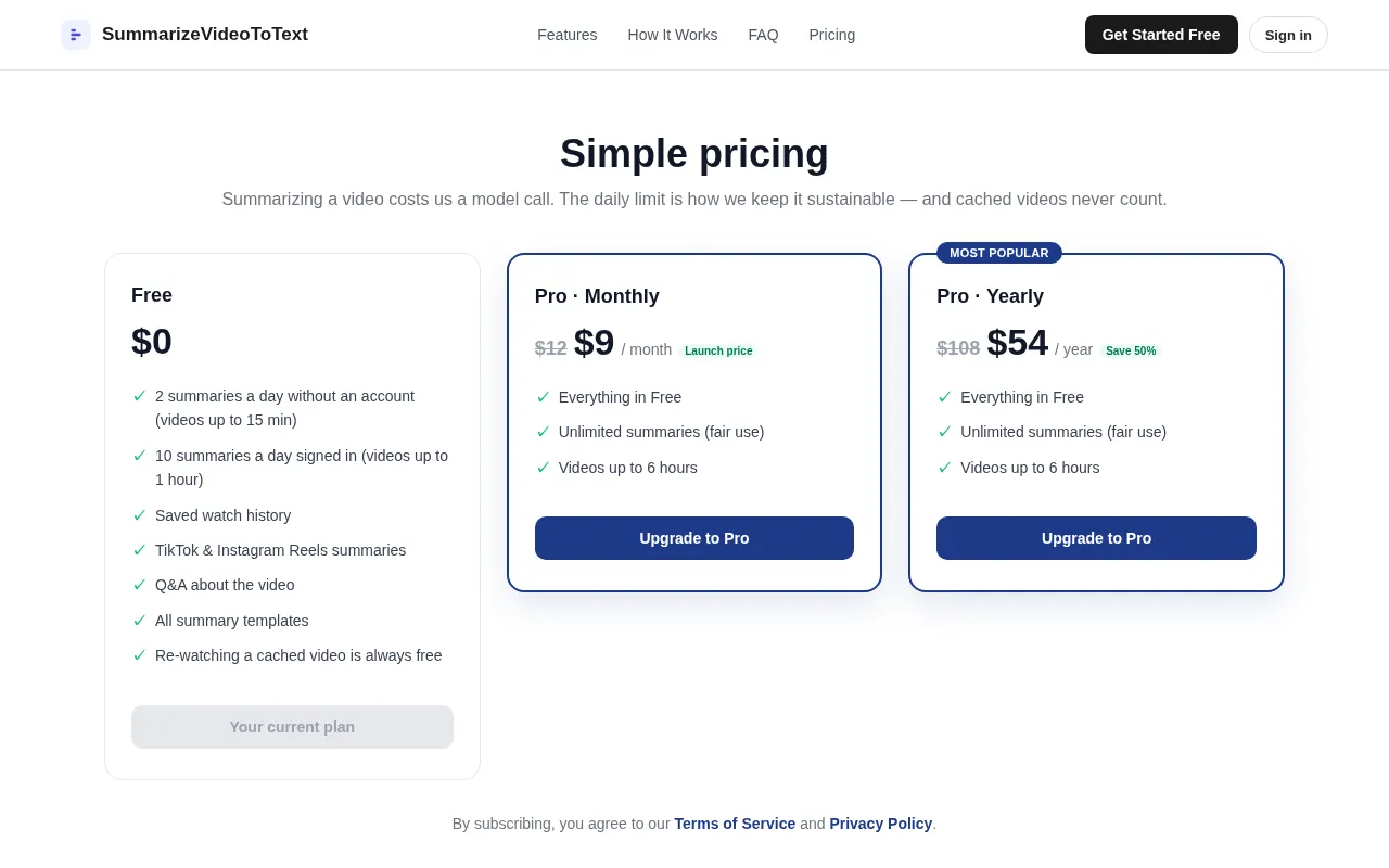 SummarizeVideoToText — pricing page