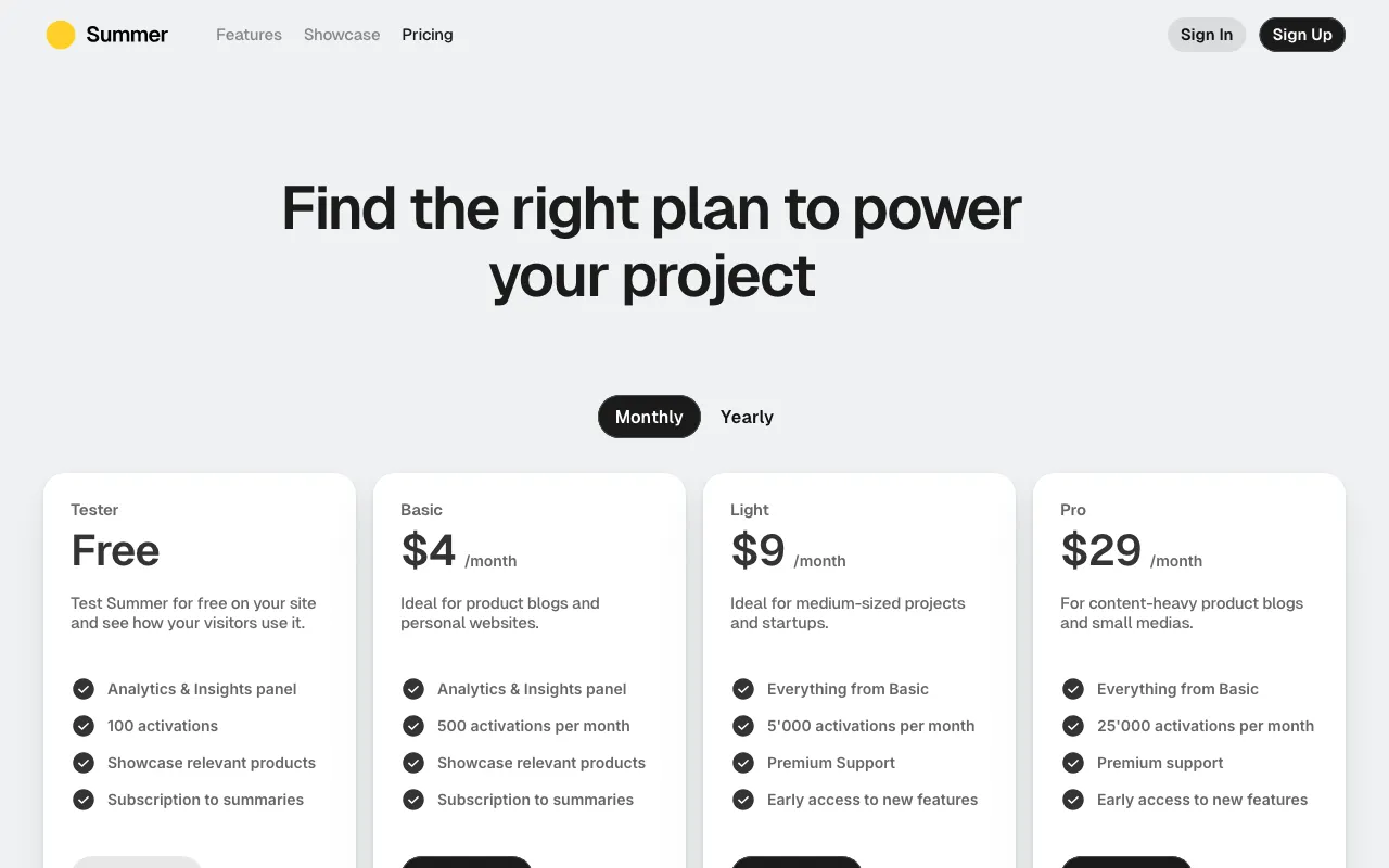 Summer — pricing page