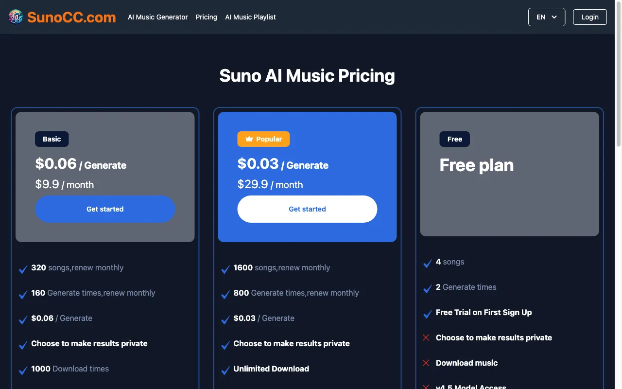 SunoCC.com — pricing page