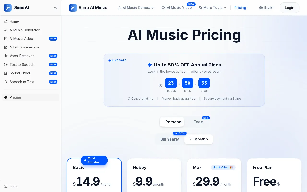 Suno AI Music — pricing page