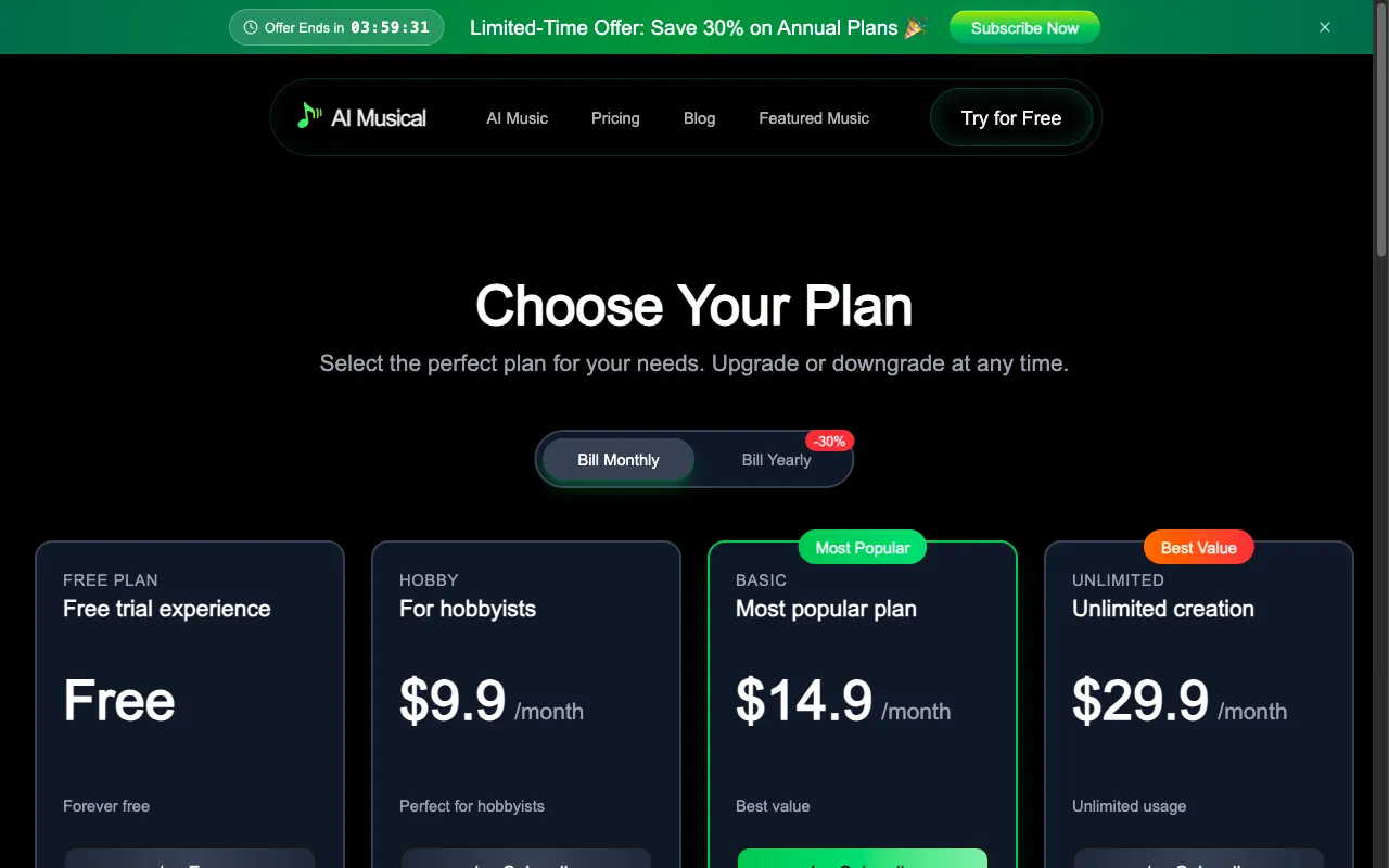 Suno AI Musical Generator — pricing page