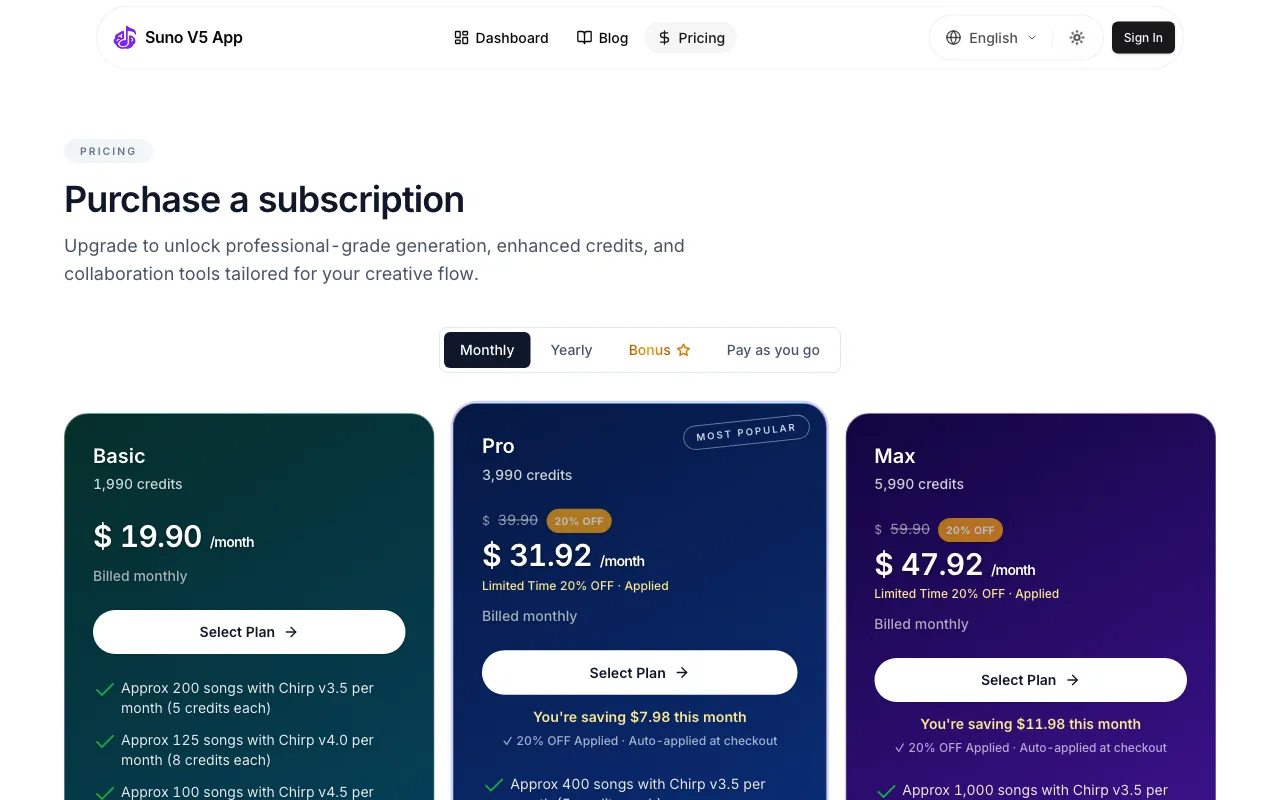 Suno V5 App — pricing page