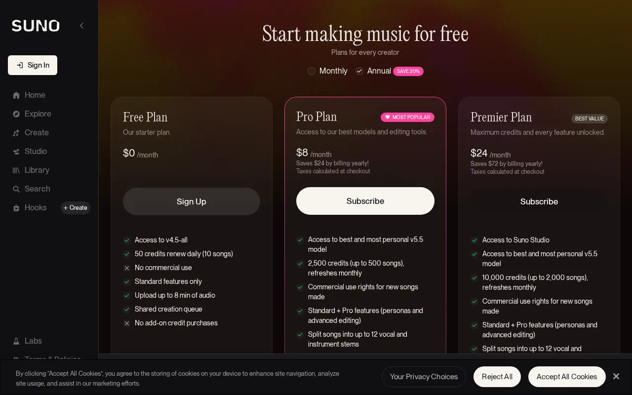 Suno — pricing page