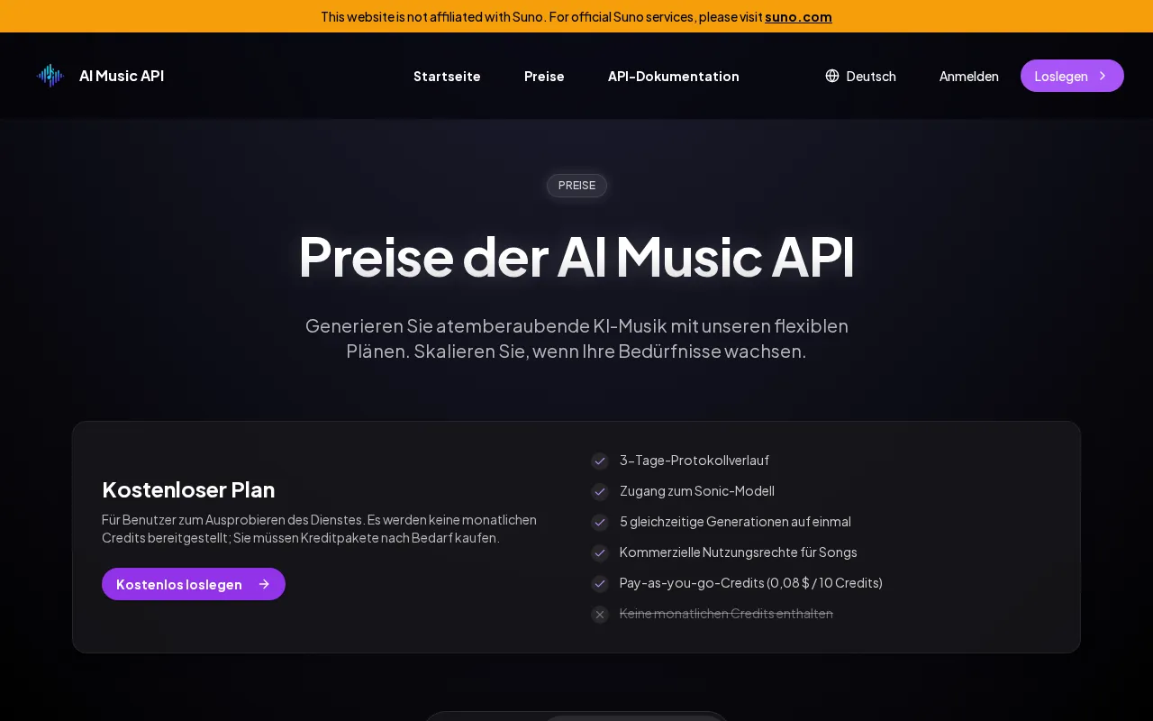 AI Music API — pricing page