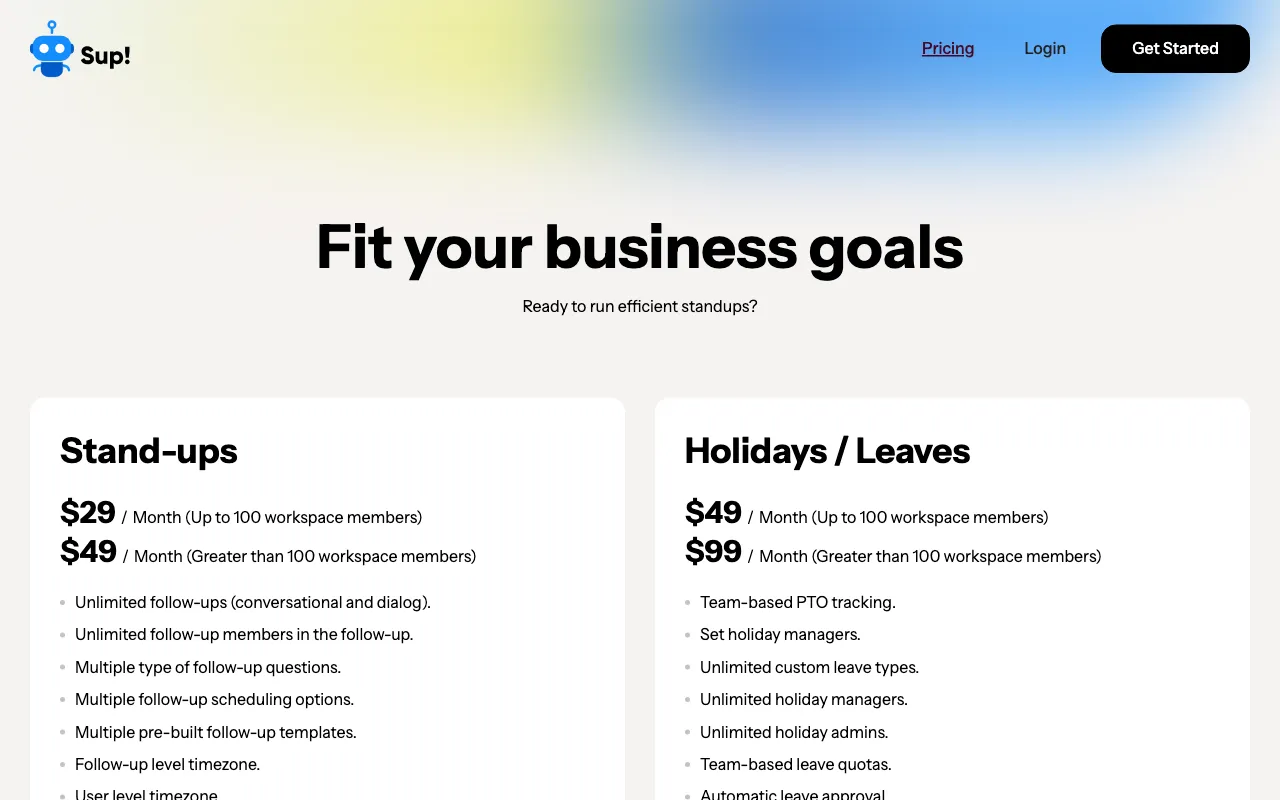 Sup Standup Bot — pricing page