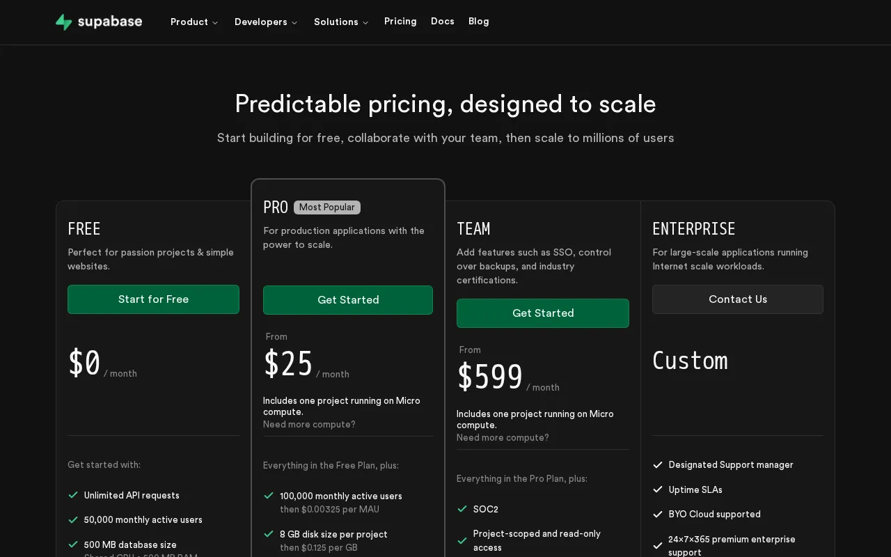 Supabase — pricing page
