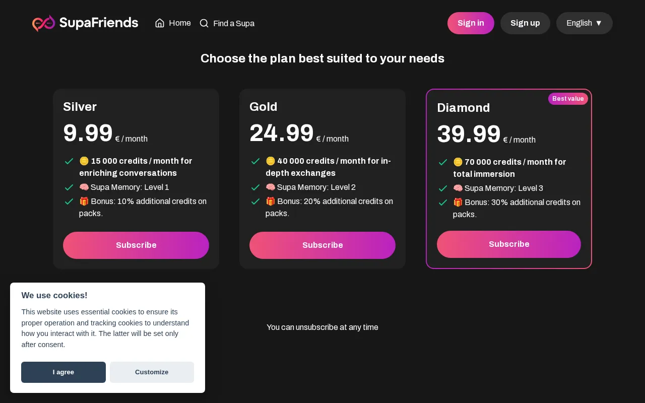 SupaFriends — pricing page