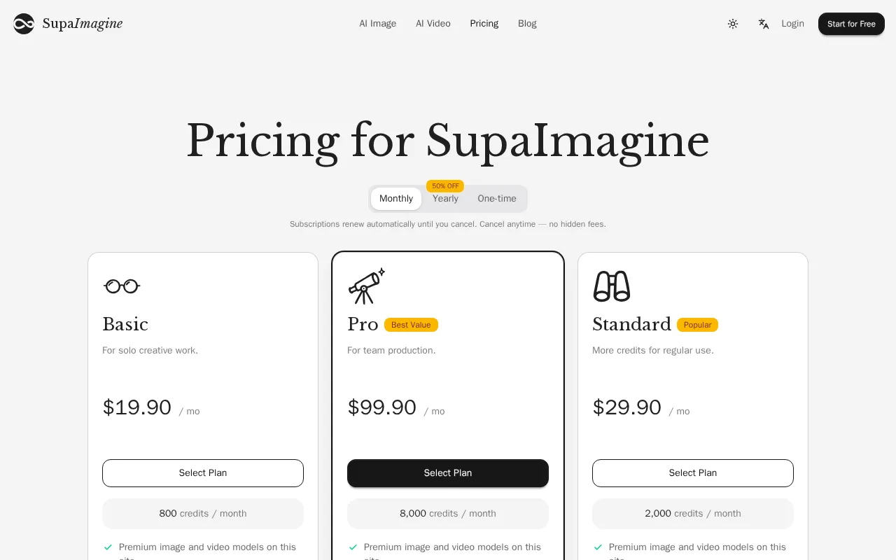 SupaImagine — pricing page