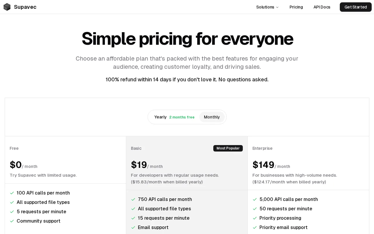 Supavec — pricing page