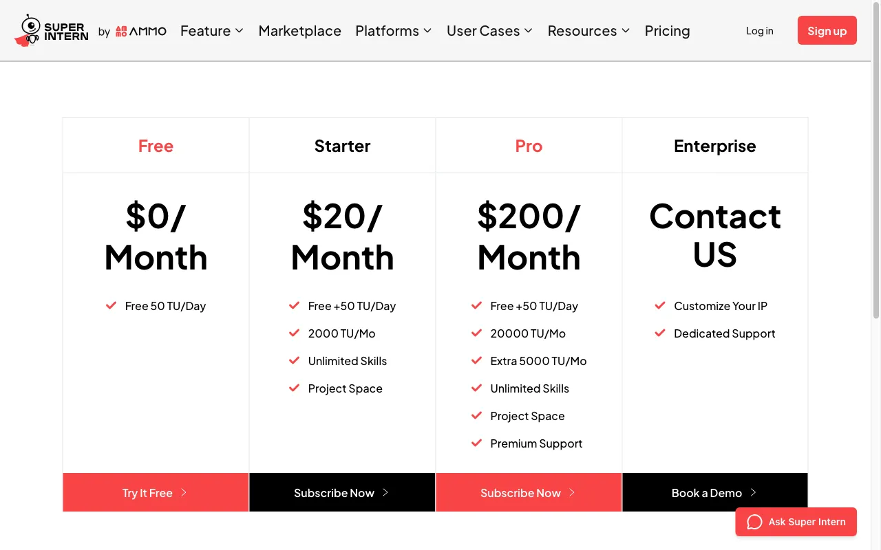 Super Intern — pricing page
