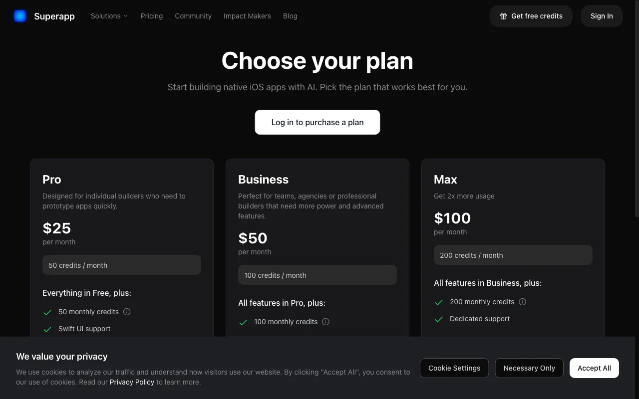 Superapp — pricing page