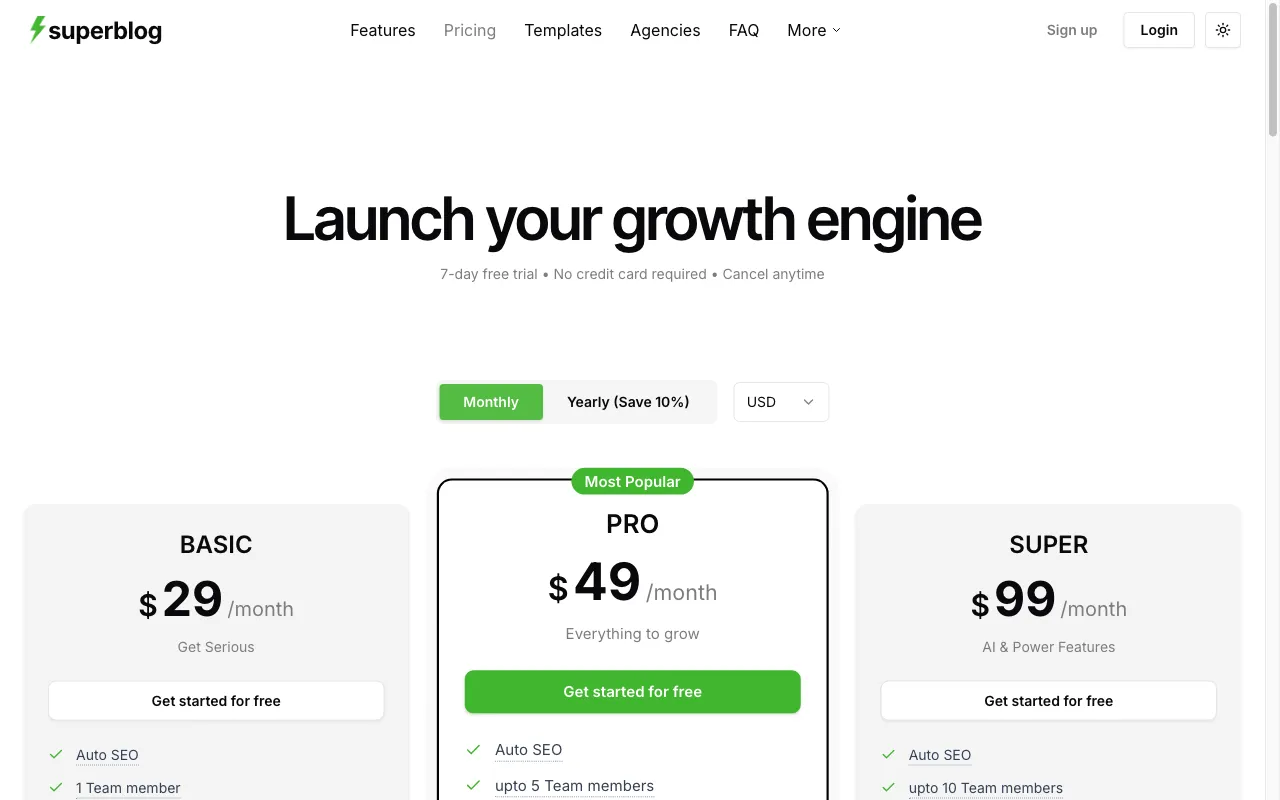 Superblog — pricing page