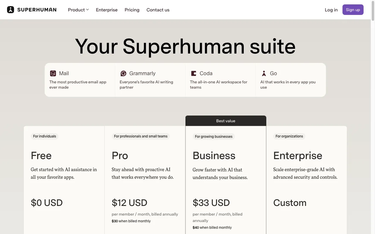 Superhuman — pricing page