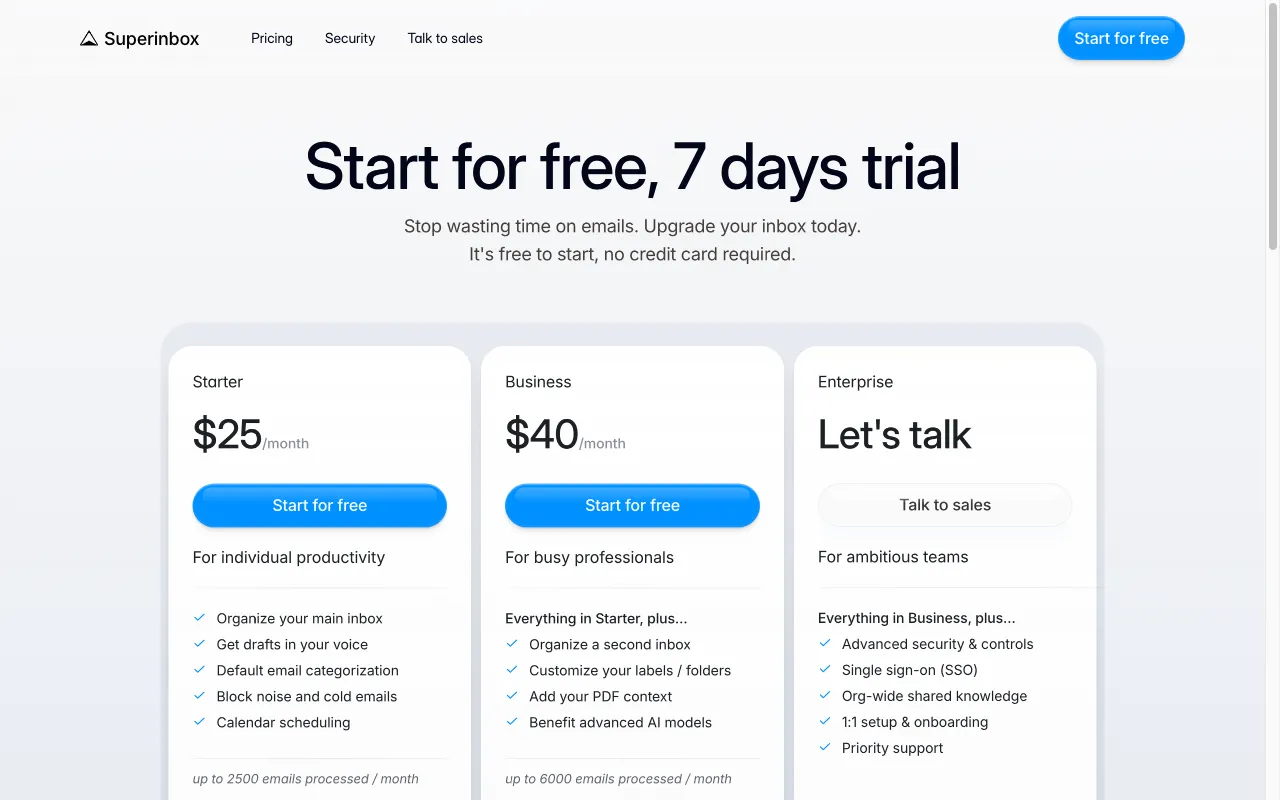 Superinbox — pricing page