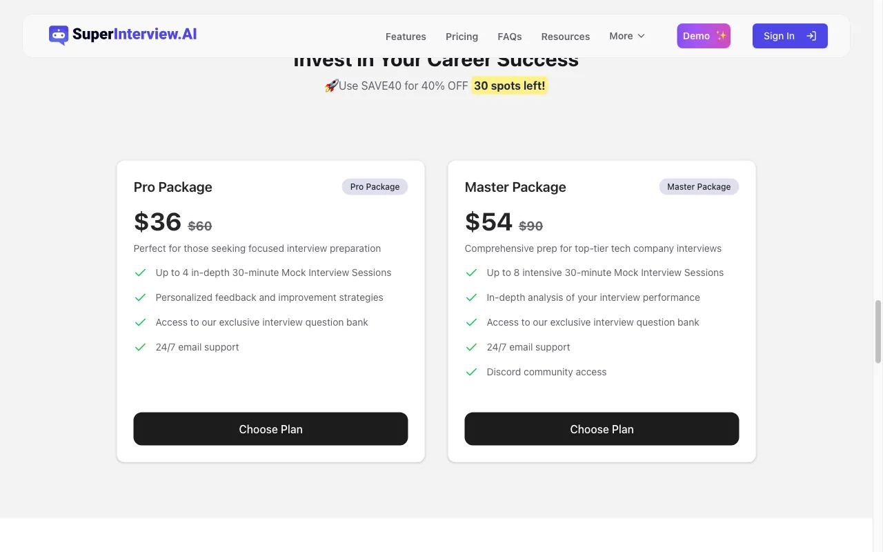 SuperInterview AI — pricing page