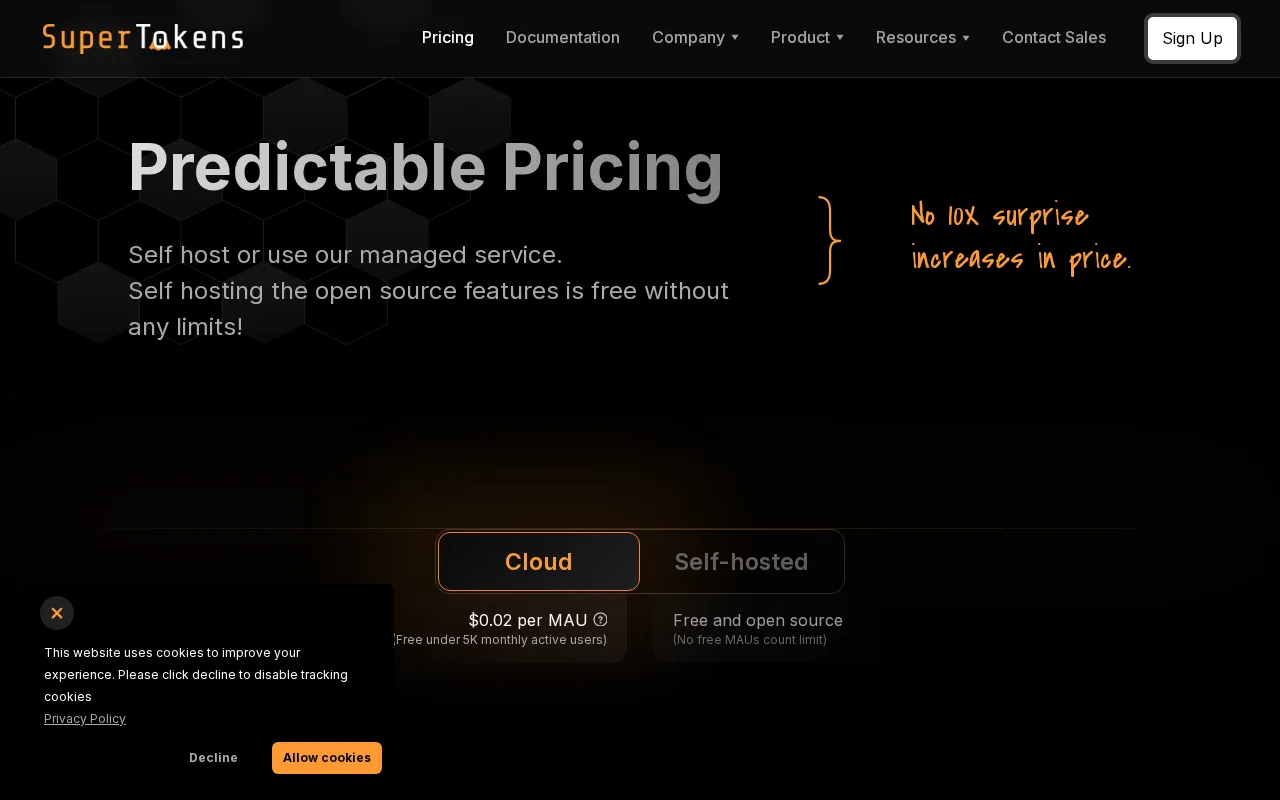 SuperTokens Passwordless — pricing page