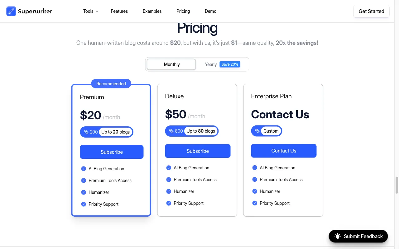 SuperWriter AI — pricing page