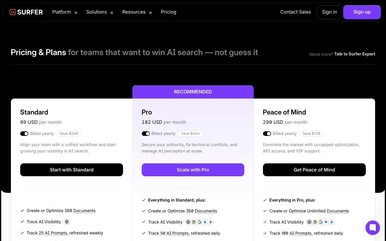 Surfer — pricing page