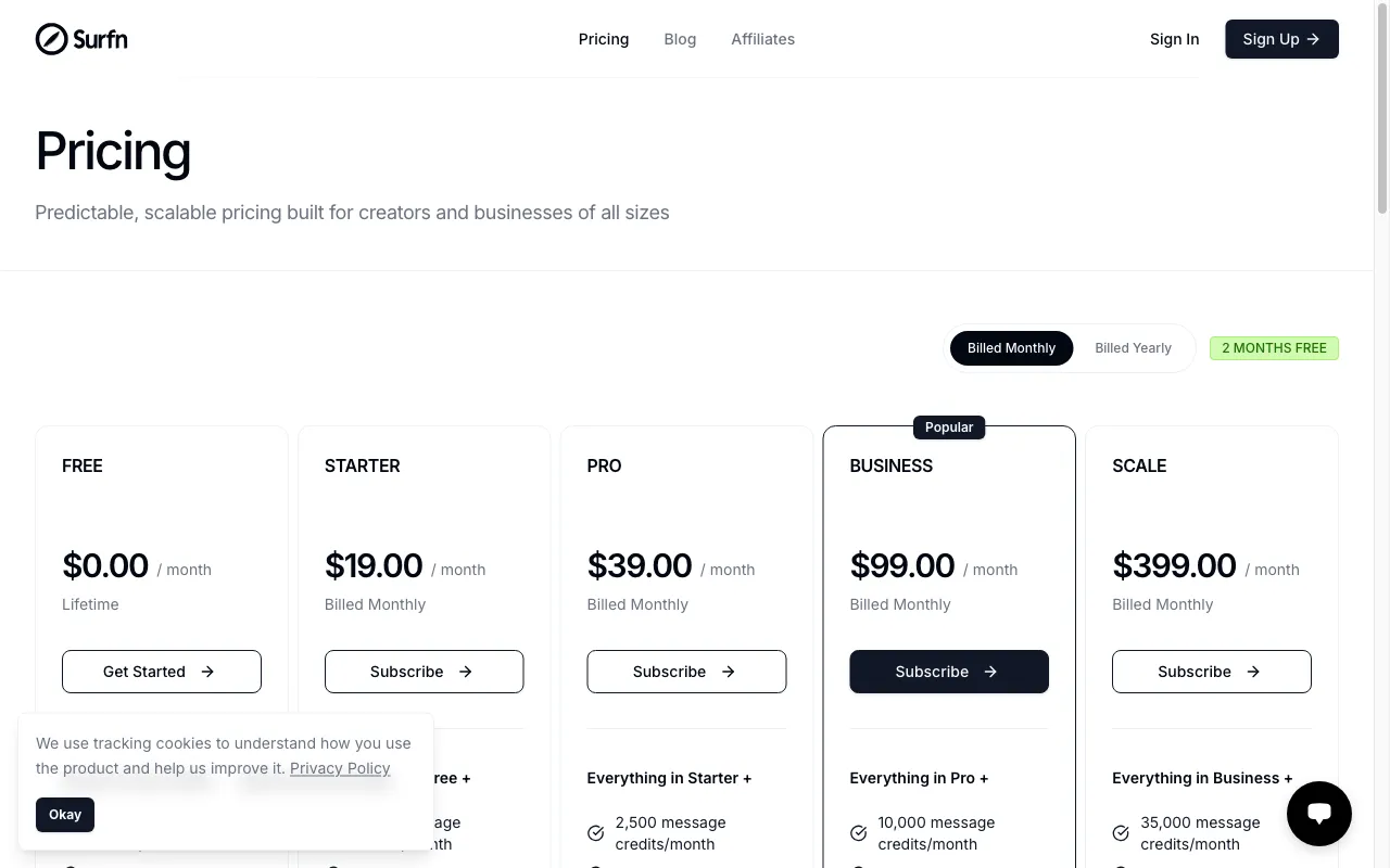 Surfn AI — pricing page