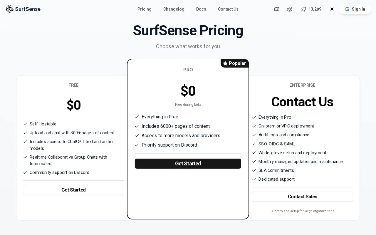 SurfSense — pricing page