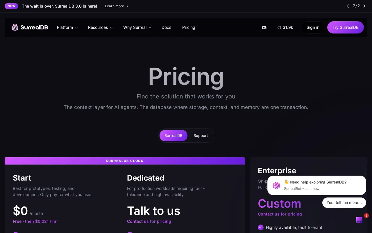SurrealDB — pricing page