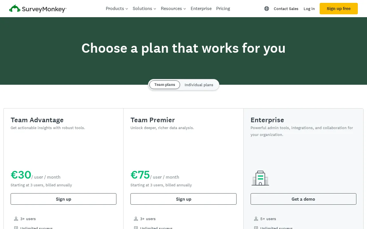 SurveyMonkey — pricing page