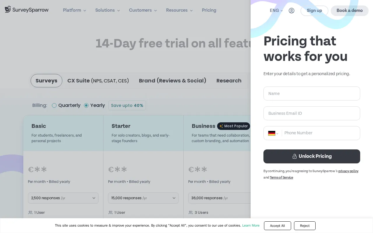 SurveySparrow — pricing page