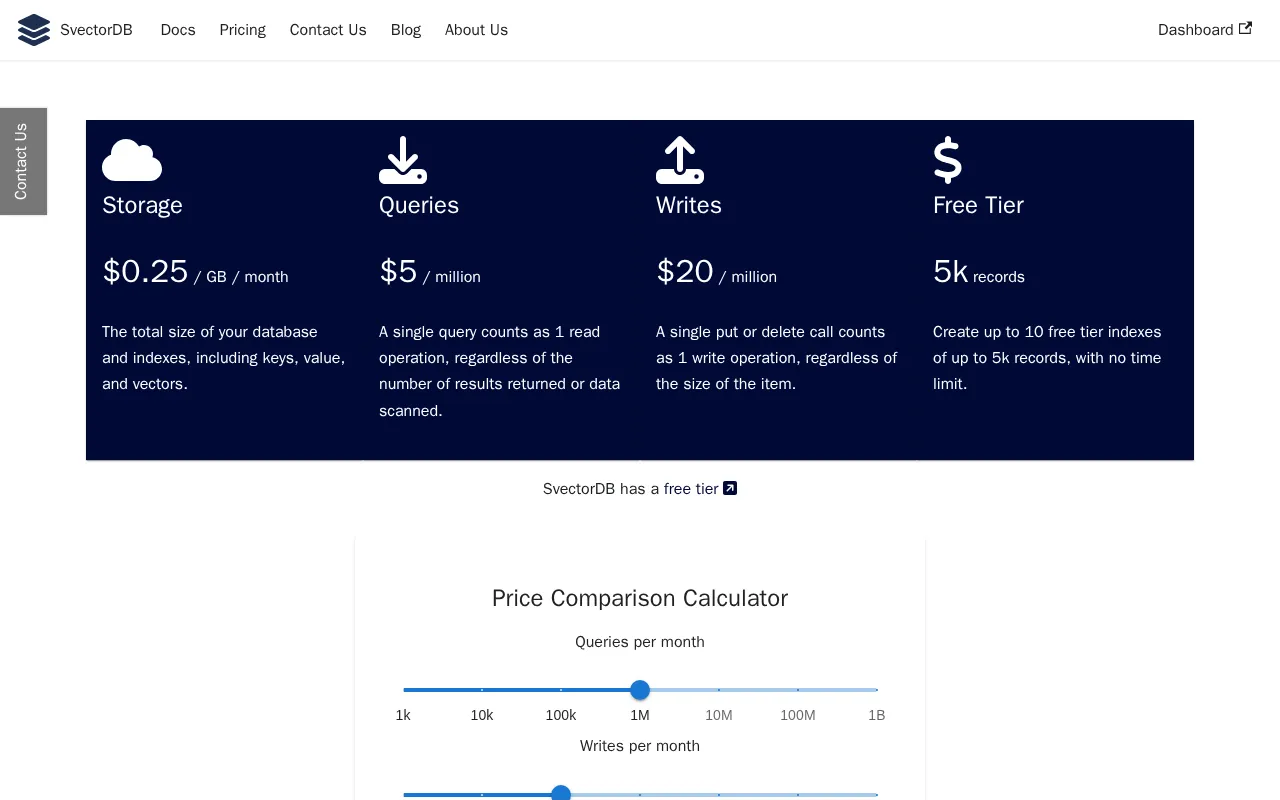 SvectorDB — pricing page