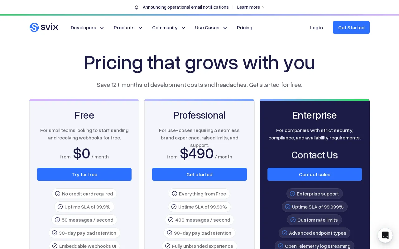 Svix — pricing page