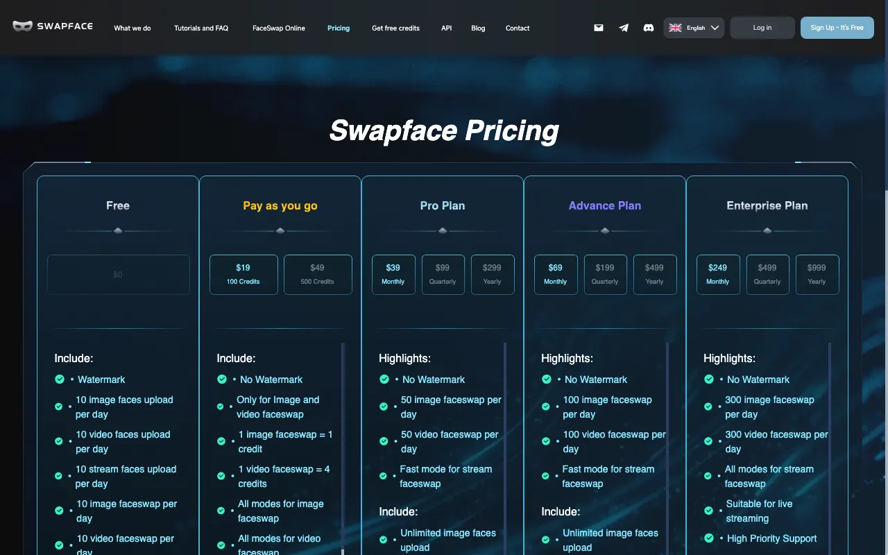 Swapface.org — pricing page