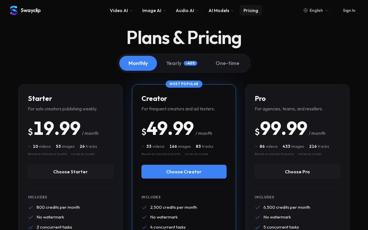 Swayclip AI — pricing page