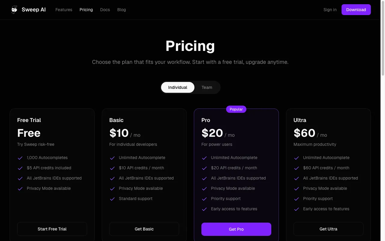 Sweep AI — pricing page