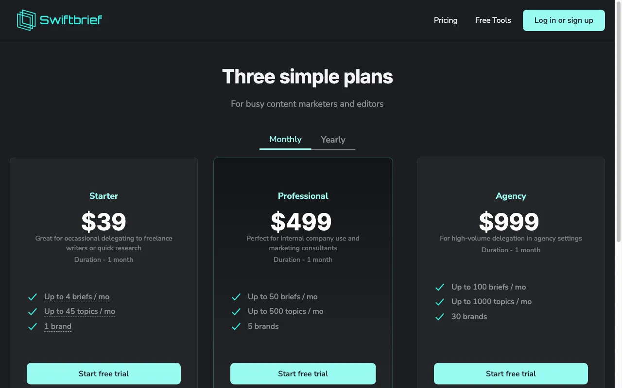 Swiftbrief — pricing page
