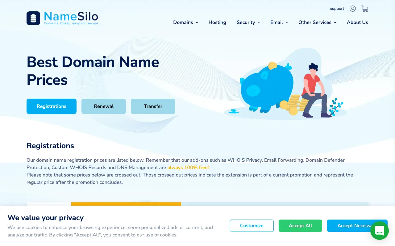 NameSilo — pricing page