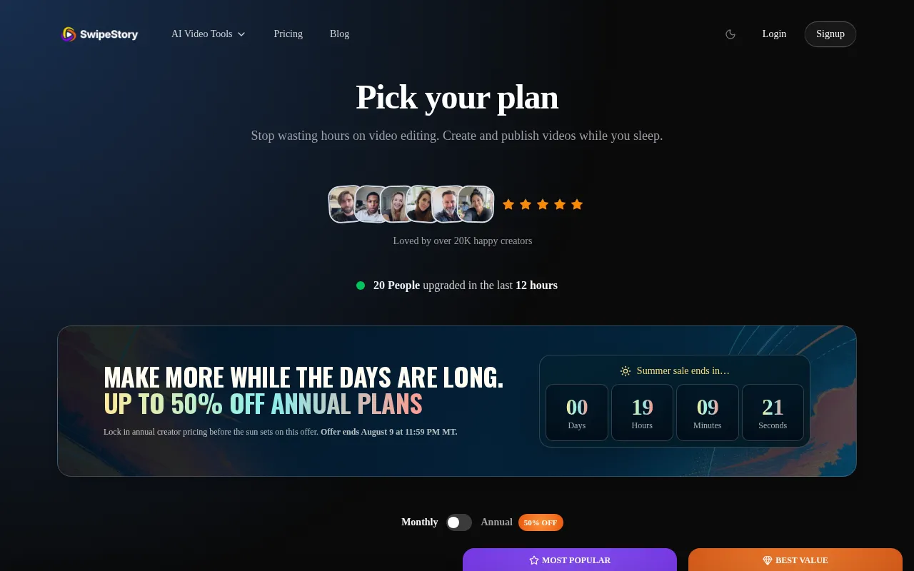 SwipeStory AI — pricing page