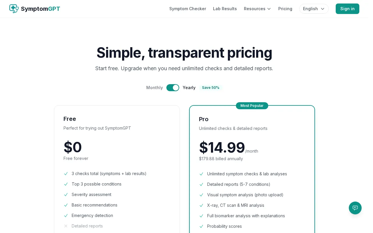 SymptomGPT — pricing page