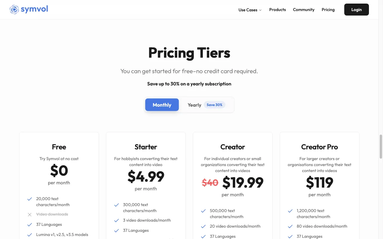Symvol — pricing page
