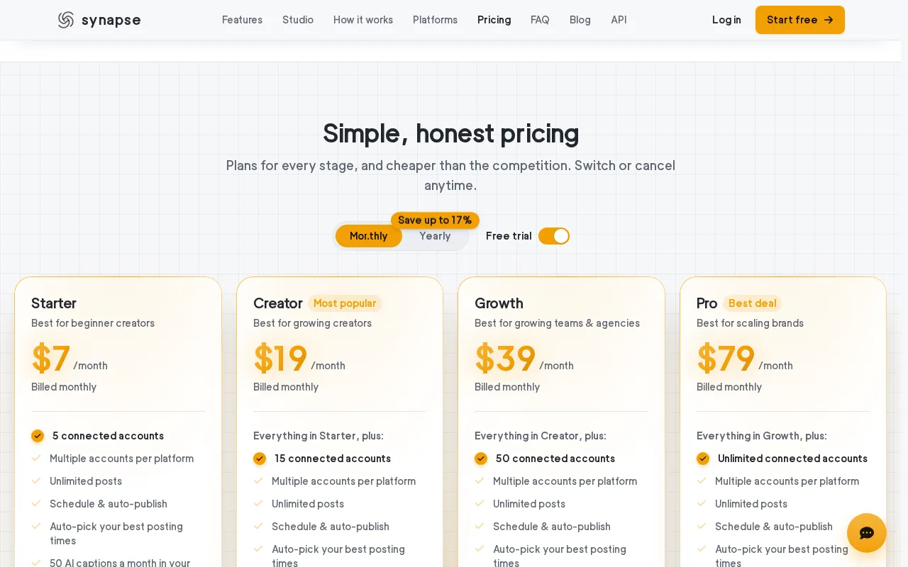Synapse Social — pricing page