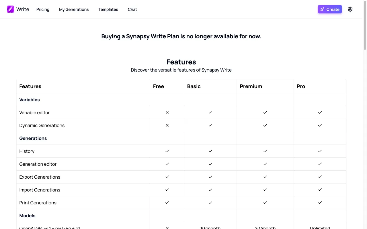 Synapsy Write — pricing page